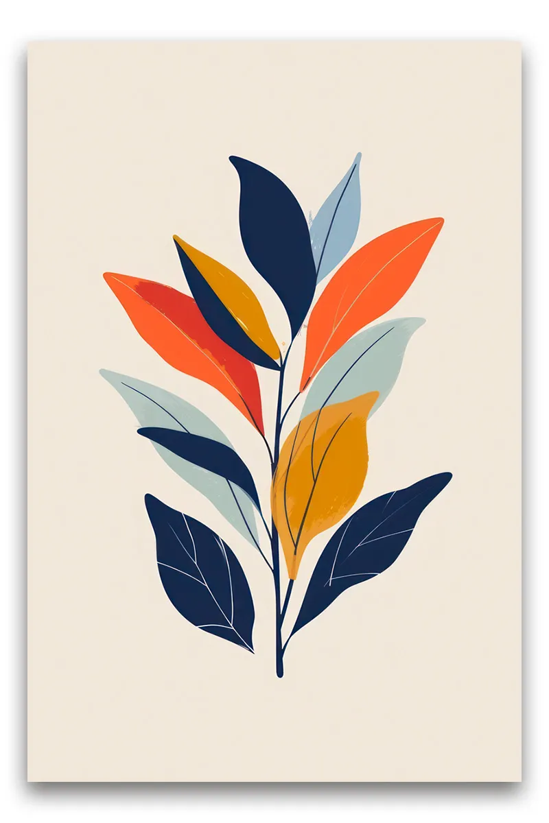 A minimalist, abstract illustration of a plant stem with leaves wall art