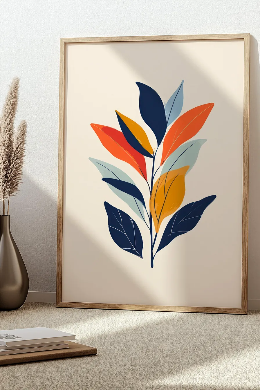 A minimalist, abstract illustration of a plant stem with leaves in framed wall art