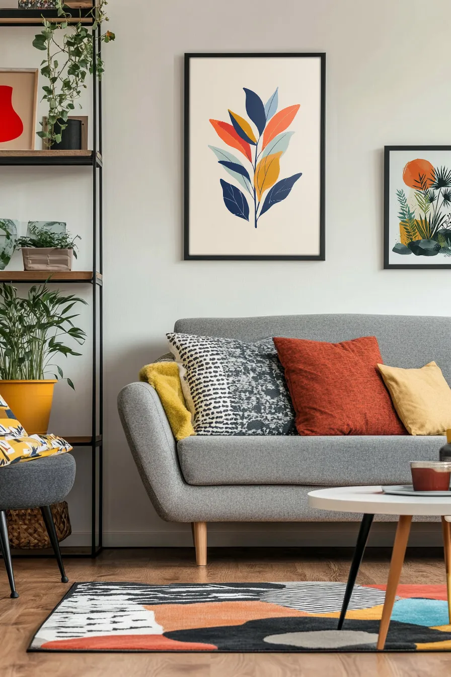 A minimalist, abstract illustration of a plant stem with leaves living room preview