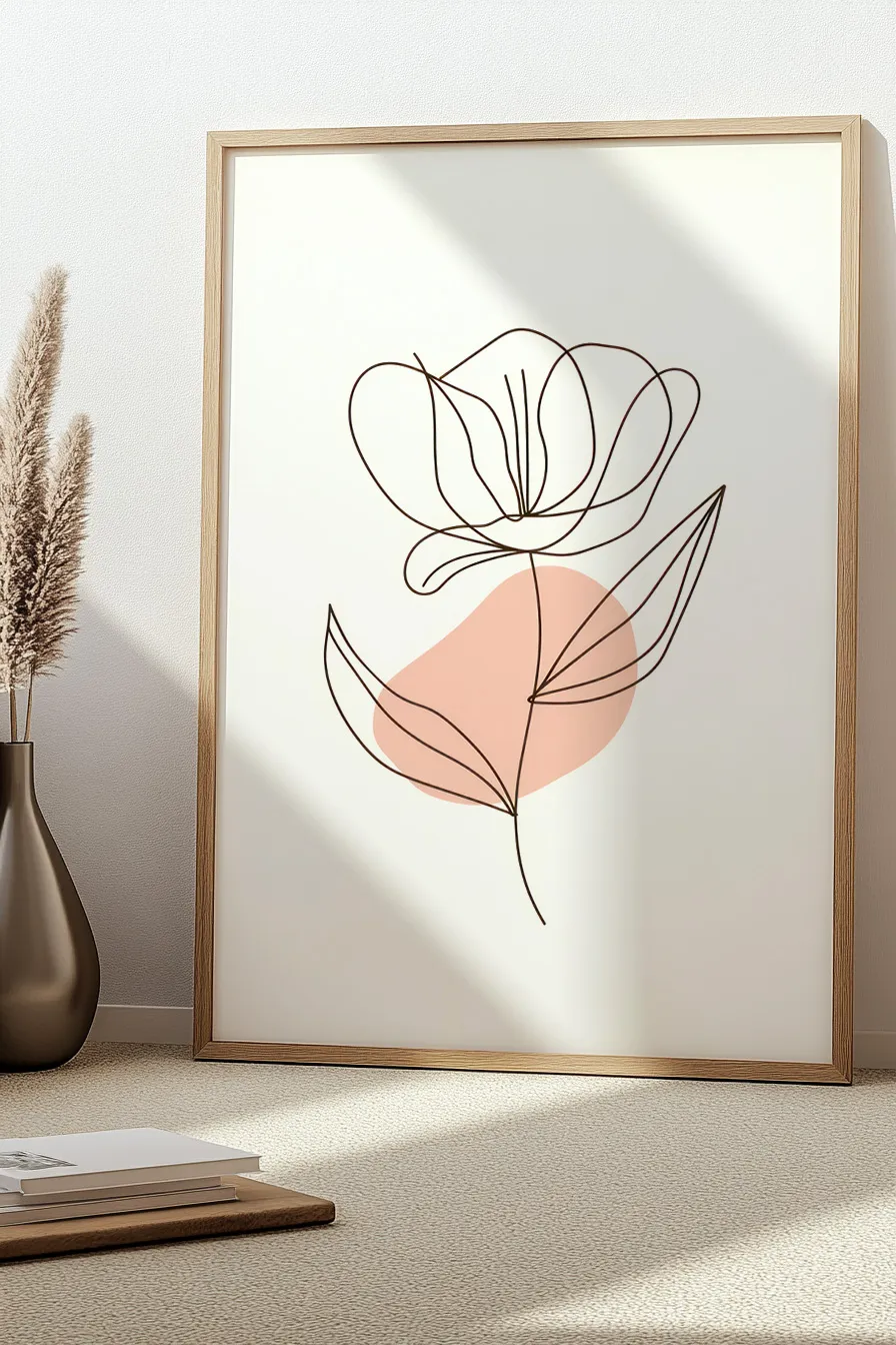 A minimalist line art illustration of a stylized flower in framed wall art