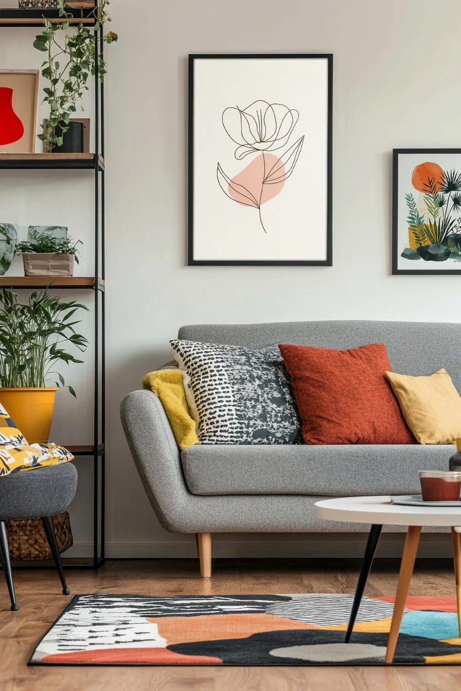A minimalist line art illustration of a stylized flower living room preview